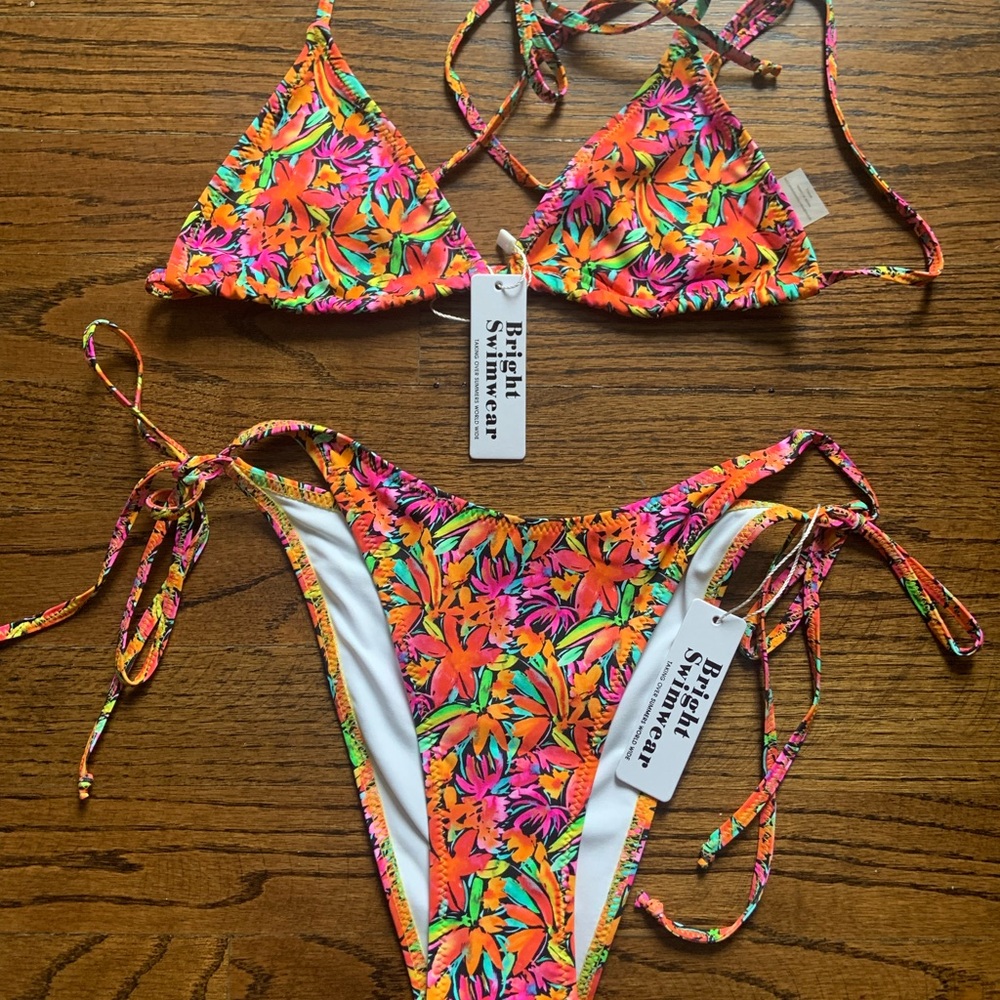 Vibrant Orange and Pink Bikini with Adjustable Strings